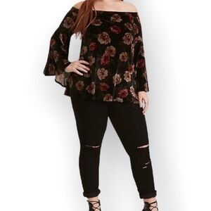TORRID Floral Print Velvet Off Shoulder Bell Sleeve Top sz 0/L